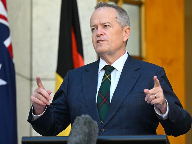 Australian Government Services Minister and former Labor Party Leader Bill Shorten speaks to the media during a press conference at Parliament House, in Canberra, Thursday, September 5, 2024. (AAP Image/Lukas Coch) NO ARCHIVING