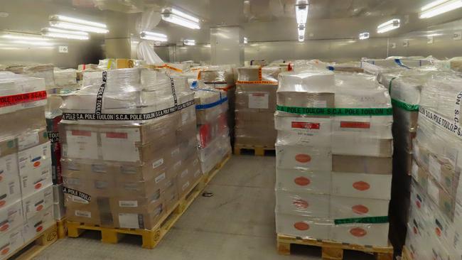 Months-worth of provisions, including this frozen food, allow the Jacques Chevalier to fully replenish another ship’s supplies three times over, without returning to port. Picture: Fia Walsh.