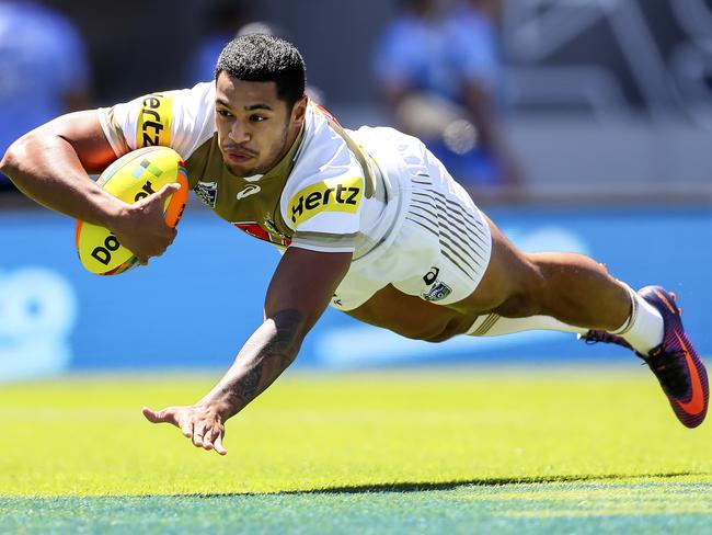 Waqa Blake scores a try during the Auckland Nines for the Penrith Panthers. Picture: Getty Images