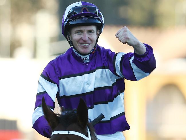 SYDNEY, AUSTRALIA - APRIL 06: James Mcdonald riding Riff Rocket  wins Race 9 ATC Australian Derby during Sydney Racing at Royal Randwick Racecourse on April 06, 2024 in Sydney, Australia. (Photo by Jeremy Ng/Getty Images)