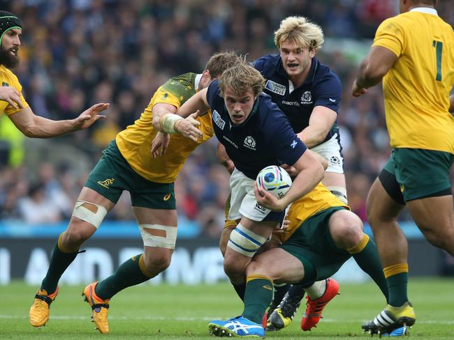 Jonny Gray takes it up to the Australians during the 2015 Rugby World Cup. Picture: Getty Images