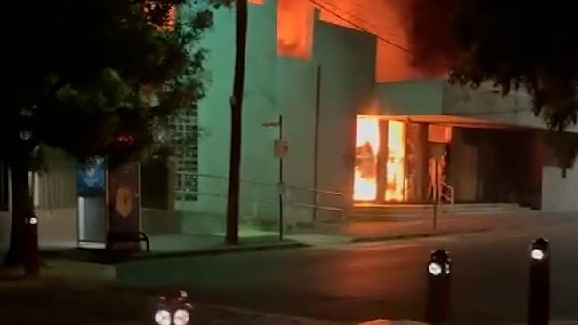 A fire rages at the Adass Israel Synagogue of Melbourne.