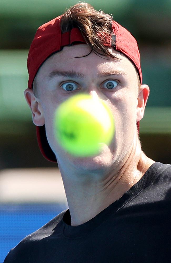 Holger Rune of Denmark keeps a keen eye on the ball during his match against Karen Khachanov of Russia. Picture: Jonathan DiMaggio/Getty Images