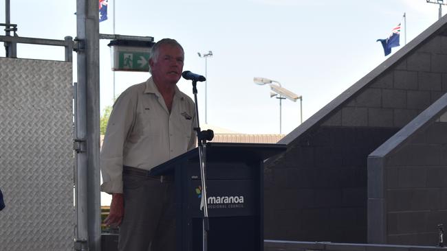 Roma Citizen of the Year Ken Beitz giving a thank you speech after he was announced the winner at the Maranoa Australia Day Awards 2023. Picture: Chloe Cufflin.