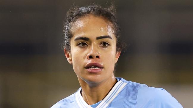 MANCHESTER, ENGLAND - MARCH 07: Mary Fowler of Manchester City looks on during the FA Women's Continental Tyres League Cup Semi Final match between Manchester City and Chelsea at Joie Stadium on March 07, 2024 in Manchester, England. (Photo by Matt McNulty/Getty Images)