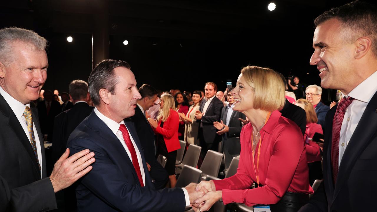 Manager of Opposition Business Tony Burke, WA Premier Mark McGowan, Shadow Immigration Minister Kristina Keneally and SA Premier Peter Malinauskas come together during the Labor Party election campaign launch. Picture: Paul Kane/Getty Images