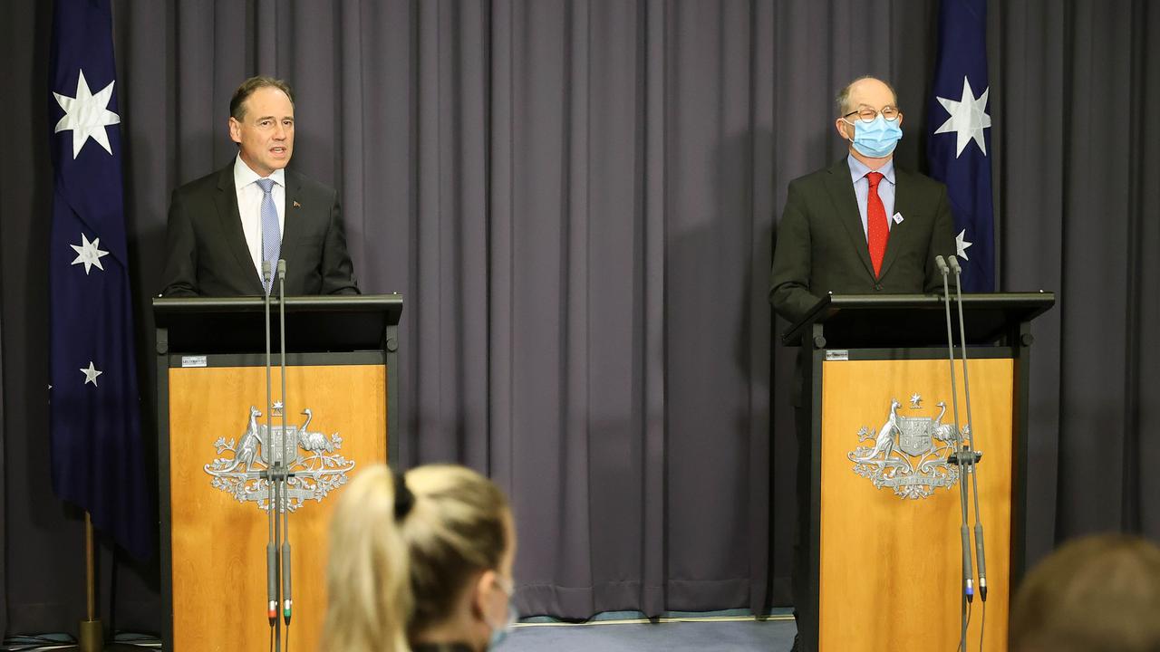 (L-R) Greg Hunt with chief medical officer Professor Paul Kelly who said Australia was being vigilant about overseas Covid developments including Delta plus. Picture: Gary Ramage/NCA NewsWire