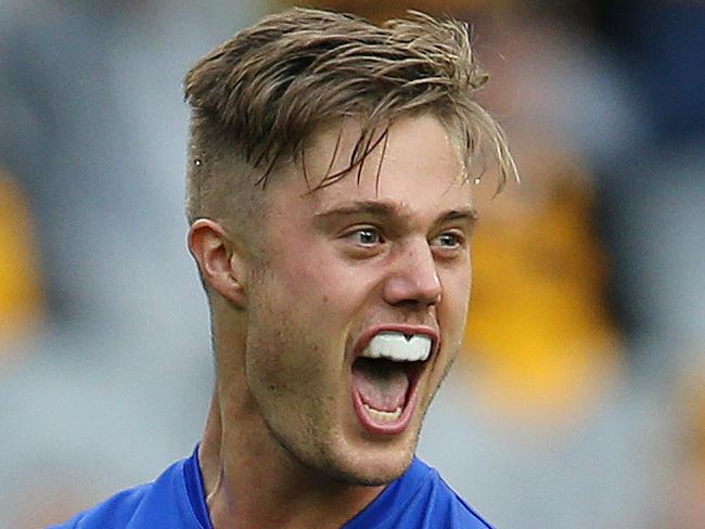 AFL. Round 3. 31/03/2019.  Hawthorn vs Western Bulldogs at the MCG.  Bulldog Josh Schache  celebrates his goal late in the fourth quarter    . Pic: Michael Klein.