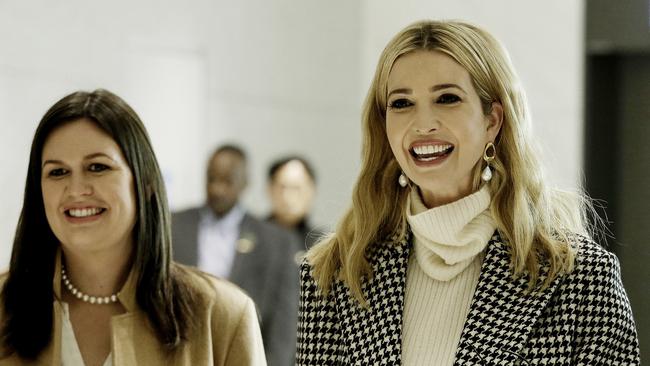 Flanked by White House Press Secretary Sarah Huckabee Sanders, left, Ivanka Trump, advisor to and daughter of US President Donald Trump, speaks as she arrives at the Incheon International Airport in South Korea. Photo: AP