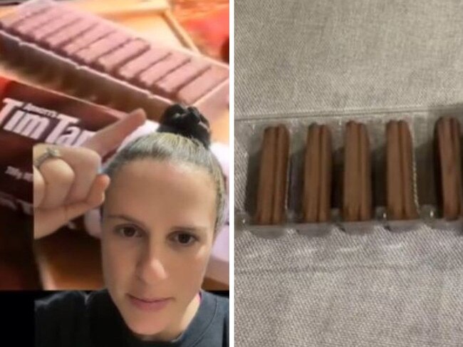 Woman has accused Arnott's of shrinkflation when it comes to TimTams. Picture: TikTok/@amanda.catalano