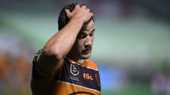 Patrick Carrigan reacts following Brisbane’s loss to Manly. Picture: Dan Himbrechts/AAP