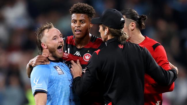 SYDNEY, AUSTRALIA - MAY 06: Rhyan Grant of Sydney FC celebrates in front of the Wanderers bench at full-time during the A-League Men's Elimination Final match between Western Sydney Wanderers and Sydney FC at CommBank Stadium, on May 06, 2023, in Sydney, Australia. (Photo by Brendon Thorne/Getty Images)