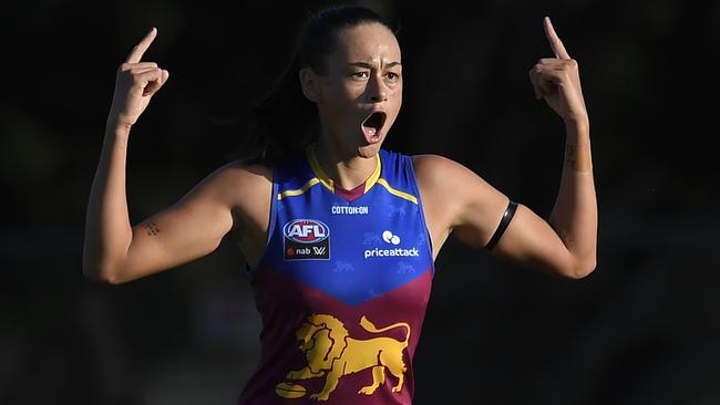 Lion Jesse Wardlaw gets the double pythons out after a goal against West Coast. Picture: Getty Images