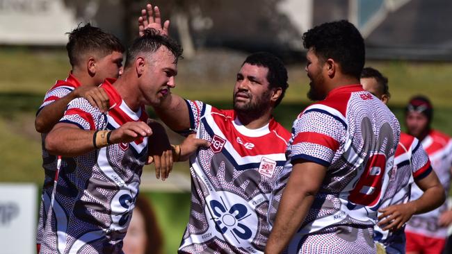 The Rosewood players celebrate a try in their convincing Reserve Grade preliminary final win over Goodna. Picture: Bruce Clayton