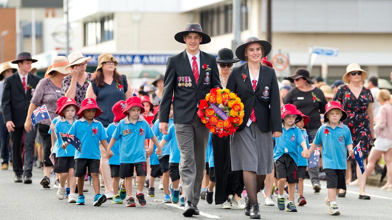 Students from Whitsunday Anglican School march in the Anzac Day parade in Mackay, Queensland, in 2019.