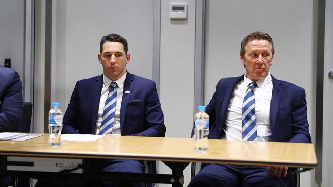 Billy Slater (L) sits with coach Craig Bellamy during the three-hour hearing in which he was found not guilty. Picture: John Feder/The Australian