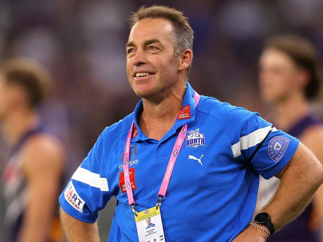 PERTH, AUSTRALIA - MARCH 25: Alastair Clarkson, Senior Coach of the Kangaroos looks on after winning the round 2 AFL match between the Fremantle Dockers and North Melbourne Kangaroos at Optus Stadium, on March 25, 2023, in Perth, Australia. (Photo by Paul Kane/Getty Images)