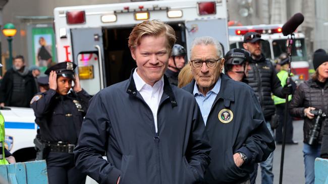 Jesse Plemons and Robert De Niro are seen on the set of "Zero Day" on Wall Street on April 27, 2024 in New York City. (Photo by Jose Perez/Bauer-Griffin/GC Images)