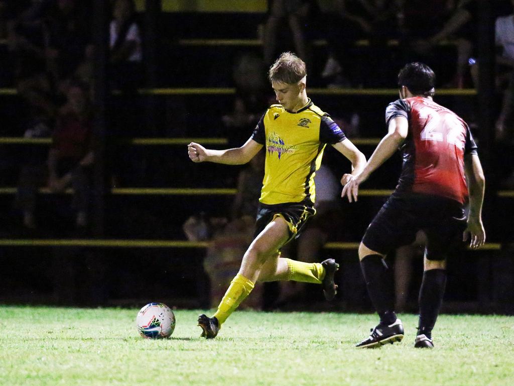 Tigers' Ben McDonnell in action in the FNQ Premier League men's match between the Edge Hill Tigers and the Leichhardt Lions, held at Tiger Park, Maunda. Picture: Brendan Radke