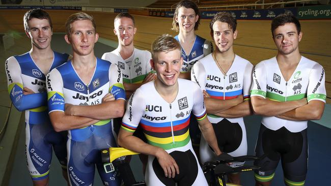 Australian track team training ahead of Hong Kong World Championships. Front, Alex Porter, Rohan Wight, Cameron Meyer, Kell O'Brien, Sam Welsford and Nick Yallouirs. Picture Sarah Reed