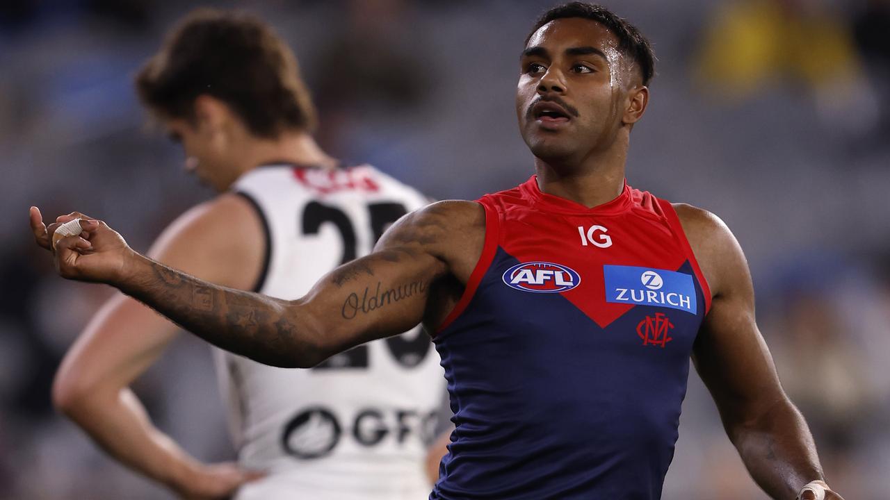 MELBOURNE, AUSTRALIA - AUGUST 10: Kysaiah Pickett of the Demons celebrates a goal during the round 22 AFL match between Melbourne Demons and Port Adelaide Power at Melbourne Cricket Ground, on August 10, 2024, in Melbourne, Australia. (Photo by Darrian Traynor/AFL Photos/via Getty Images)