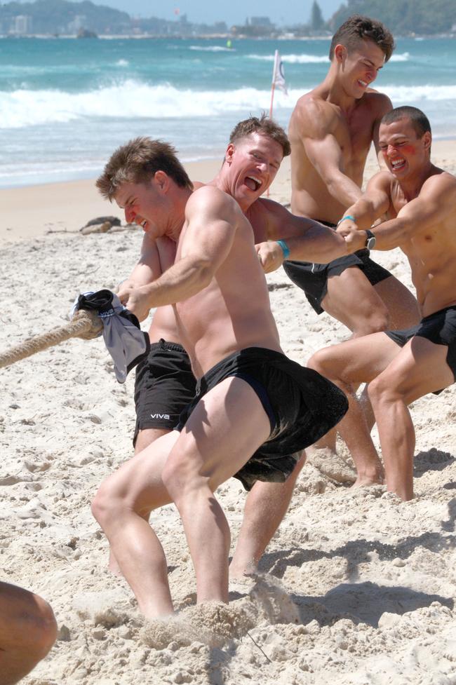 Billy Gowers competing in a tug-of-war battle during the Southport Sharks VFL team’s preseason training camp at Tallebudgera Beach. Picture: Mike Batterham
