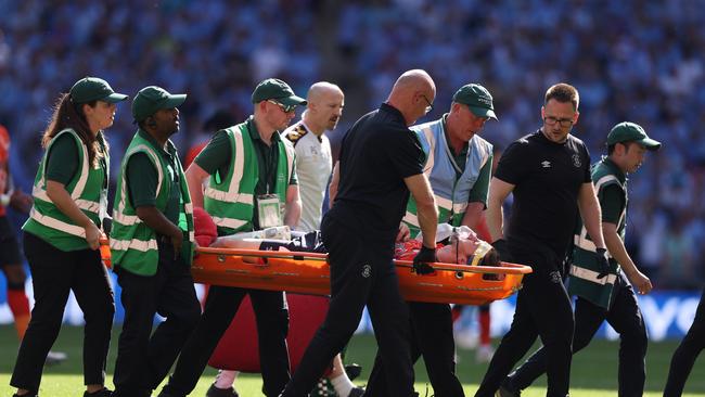 Tom Lockyer of Luton Town is stretchered off. (Photo by Richard Heathcote/Getty Images)