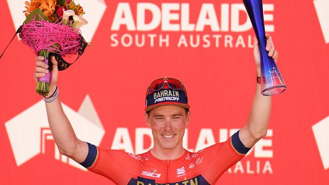 Rohan Dennis of Australia and Team Bahrain-Merida celebrates on the podium during the 21st Santos Tour Down Under 2019, Stage 6 a 151.5km stage from McLaren Vale to Willunga Hill 374m / TDU / on January 20, 2019 in Willunga Hill, Australia. Picture: Daniel Kalisz/Getty Images.