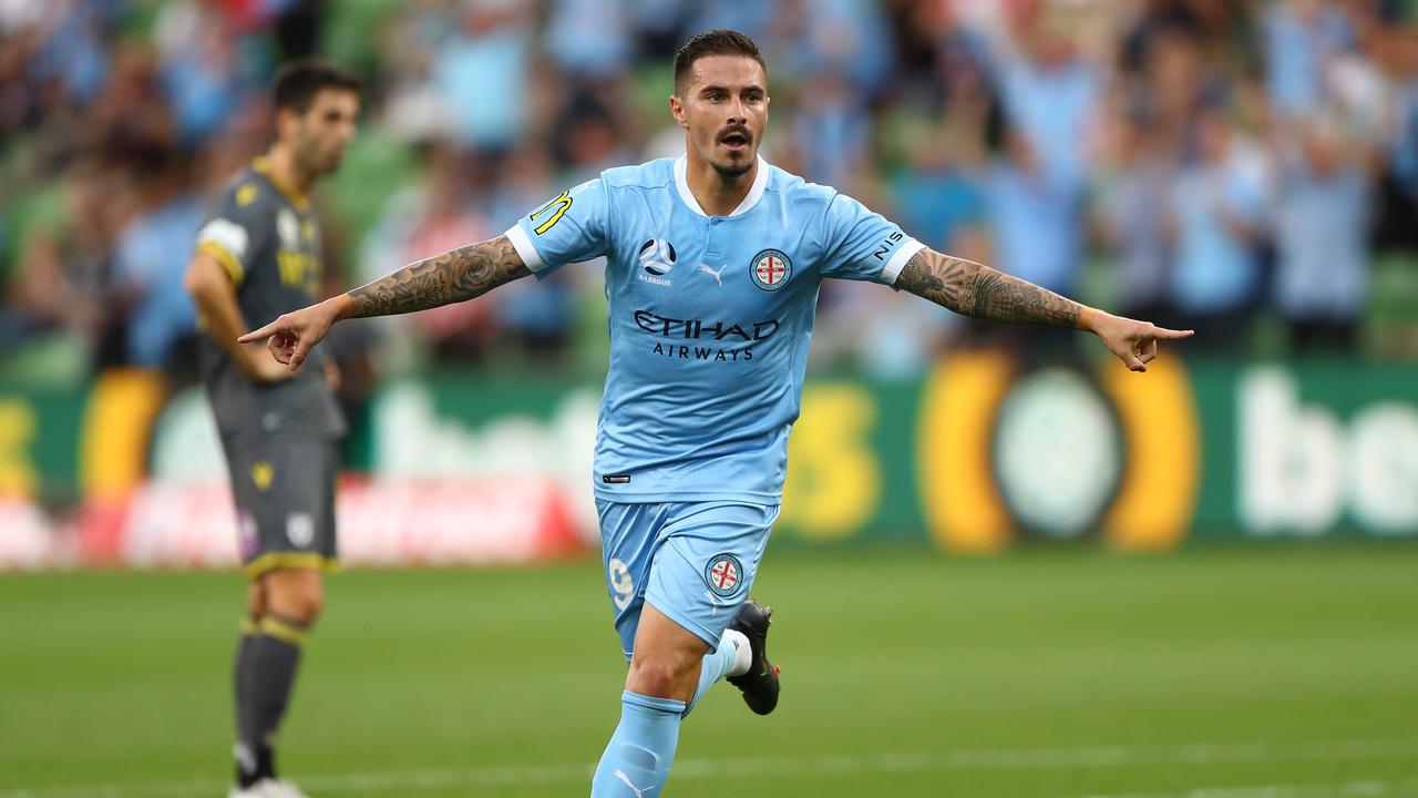 Jamie Maclaren celebrates scoring for City at AAMI Park. Photo: Getty Images