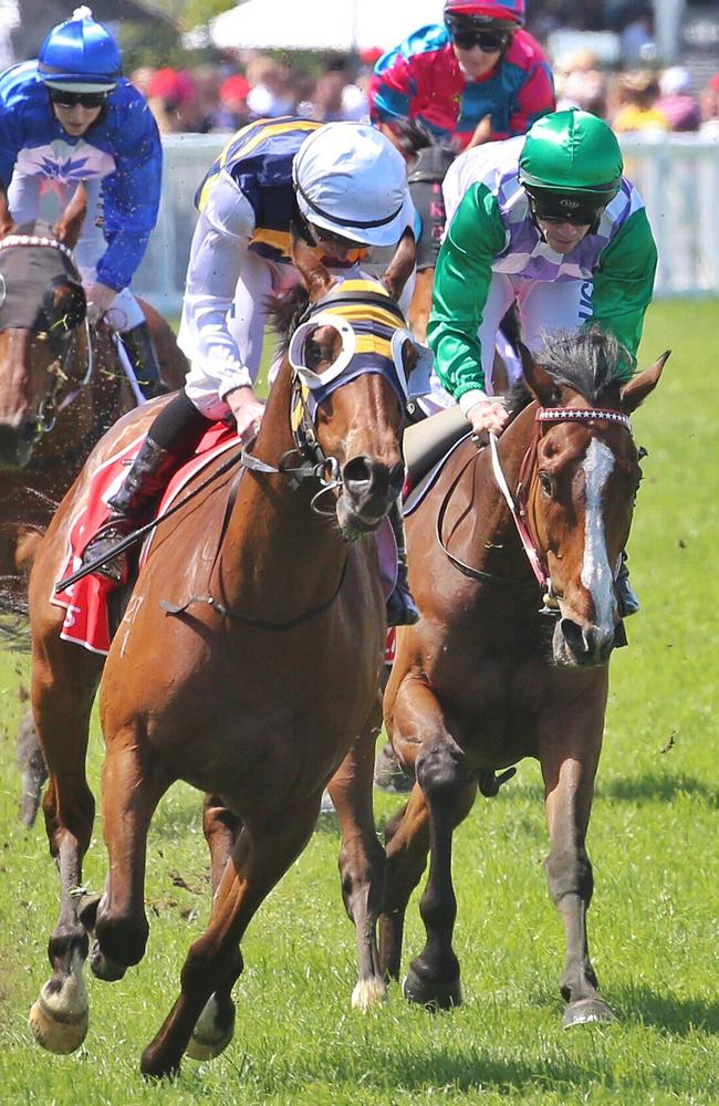 Prince Of Penzance (right), who it was later revealed was injured during the race, leaves the straight on the first occasion in the Herbert Power Stakes. Picture: Hamish Blair