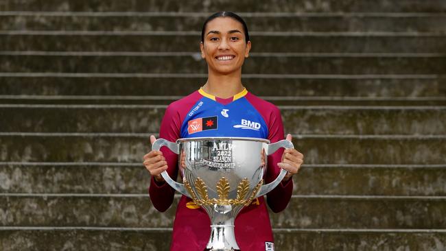 MELBOURNE, AUSTRALIA - NOVEMBER 02: Zimmorlei Farquharson of the Lions poses for a photo during the 2022 AFLW S7 Finals Launch Media Opportunity at AFL House on November 02, 2022 in Melbourne, Australia. (Photo by Dylan Burns/AFL Photos via Getty Images)