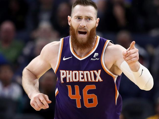 SAN FRANCISCO, CALIFORNIA - OCTOBER 30:  Aron Baynes #46 of the Phoenix Suns reacts after making a basket against the Golden State Warriors at Chase Center on October 30, 2019 in San Francisco, California.  NOTE TO USER: User expressly acknowledges and agrees that, by downloading and or using this photograph, User is consenting to the terms and conditions of the Getty Images License Agreement. (Photo by Ezra Shaw/Getty Images)