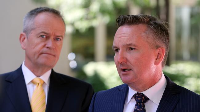 Opposition Leader Bill Shorten, Shadow Treasurer Chris Bowen and Shadow Financial Services Minister Clare O'Neil at a press conference at Parliament House, Canberra, today. Picture: Ray Strange.