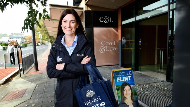 Member for Boothby Nicolle Flint on the campaign trail. Picture: AAP