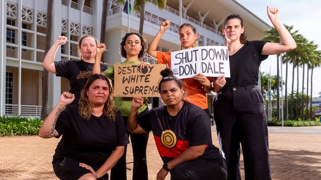 A crowd gathered out the front of the NT Parliament on Monday afternoon ahead of controversial youth bail law changes being pushed through. Protest organisers Sara Rowe, Mililma May, Kacie Winsley, Melinda Phillips, Sharna Alley and Tayarrah Morris. Picture: Che Chorley