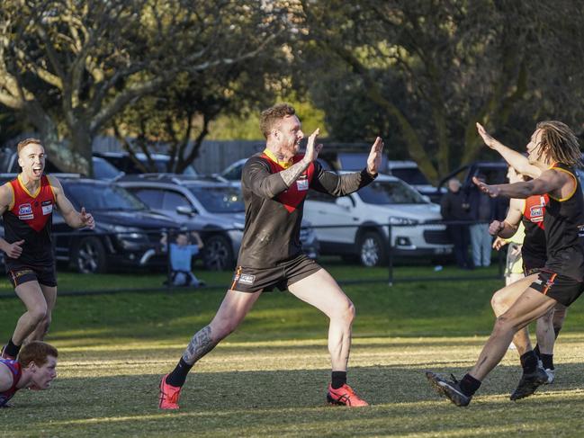 Dingley’s Justin Van Unen celebrates a goal on Saturday. Picture: Valeriu Campan