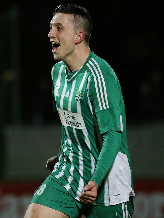 Liam Boland celebrates a goal for Green Gully. Picture: George Salpigtidis