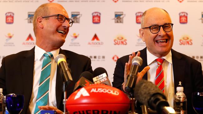 Power chairman David Koch and Suns chairman Tony Cochrane speak with media in 2017. Picture: Michael Willson/AFL Media/Getty Images