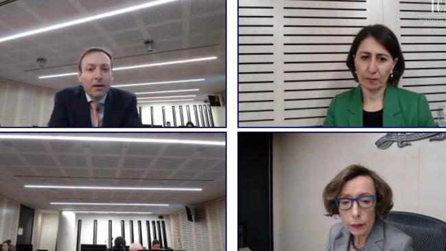 Gladys Berejiklian (top right), Assistant Commissioner Ruth McColl SC presides (bottom right) and counsel assisting the commission, Scott Robertson (top left). Picture: ICAC