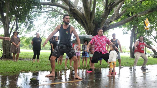 Glenn Wiremu Taiapa with other members of the New Zealand community perform a haka on the Cairns esplanade to farewell his son Tiwanaku Pineamine Taiapa who fell into a septic tank and drowned. Picture: Peter Carruthers