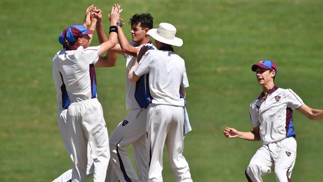 John Paul College players celebrate a wicket. TAS First XI cricket grand final between West Moreton College and John Paul College. Saturday March 27, 2021. Picture, John Gass