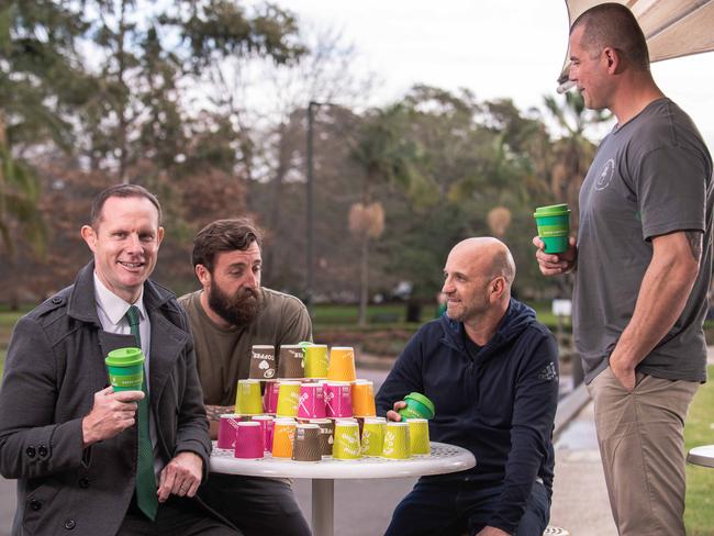 L to R: Inner West mayor Darcy Byrne, Martin Brooks, Phillip Falato (owner of Kellerman's Cafe), and Damien Clarke Kellerman's Cafe in Enmore Park. Picture: Flavio Brancaleone