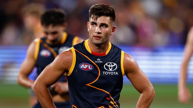 ADELAIDE, AUSTRALIA - APRIL 04: Josh Rachele of the Crows looks dejected after a loss during the 2024 AFL Round 04 match between the Adelaide Crows and the Melbourne Demons at Adelaide Oval on April 04, 2024 in Adelaide, Australia. (Photo by Michael Willson/AFL Photos via Getty Images)