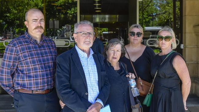 Benjamin Frazer, Brian Frazer, Sally Frazer, Nia Frazer and Jane Carr outside the Adelaide District Court earlier this month. Picture: RoyVPhotography.