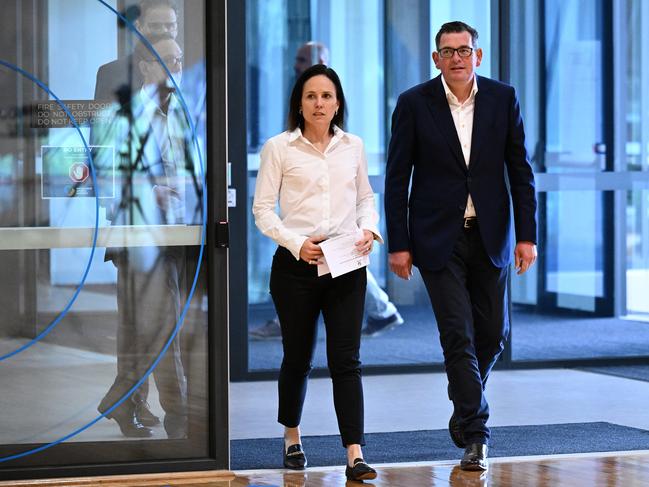 (L-R) Netball Australia CEO Kelly Ryan and Victorian Premier Daniel Andrews arrive to a press conference in Melbourne, Monday, October 31, 2022. Visit Victoria will sponsor Netball Australia for the next four and a half years in a $15m deal announced today. (AAP Image/James Ross) NO ARCHIVING