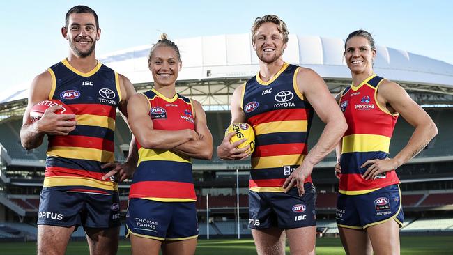 Crows AFL and AFLW captains Taylor Walker, Erin Phillips, Rory Sloane and Chelsea Randall. Picture SARAH REED