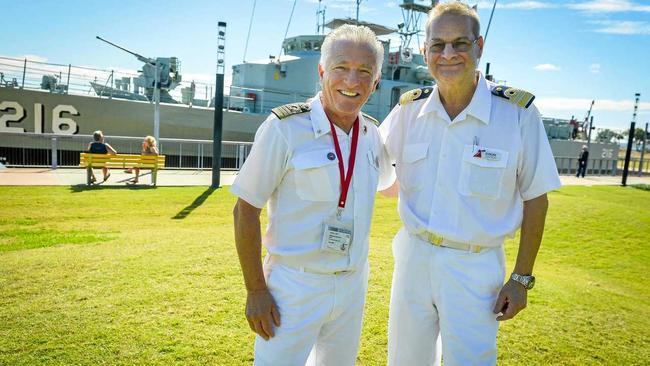 WARM WELCOME: Captain Adriano Binacchi and hotel director (crewman) Duncan Puttock. Picture: Matt Taylor GLA220618SHIP