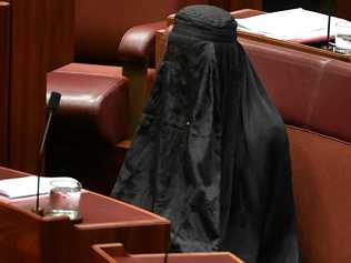 One Nation Leader Senator Pauline Hanson wears an Islamic veil in the Senate chamber at Parliament House in Canberra, Thursday, August 17, 2017. (AAP Image/Mick Tsikas) NO ARCHIVING. Picture: MICK TSIKAS