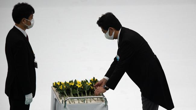 Japan Prime Minister Shinzo Abe at the war memorial service on Saturday. Picture: AFP