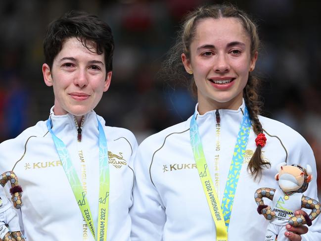 LONDON, ENGLAND - JULY 29: Sophie Unwin and Georgia Holt of Team England pose for a photo after finishing third in the Women's Tandem B - Finals on day one of the Birmingham 2022 Commonwealth Games at Lee Valley Velopark Velodrome on July 29, 2022 on the London, England. (Photo by Justin Setterfield/Getty Images)